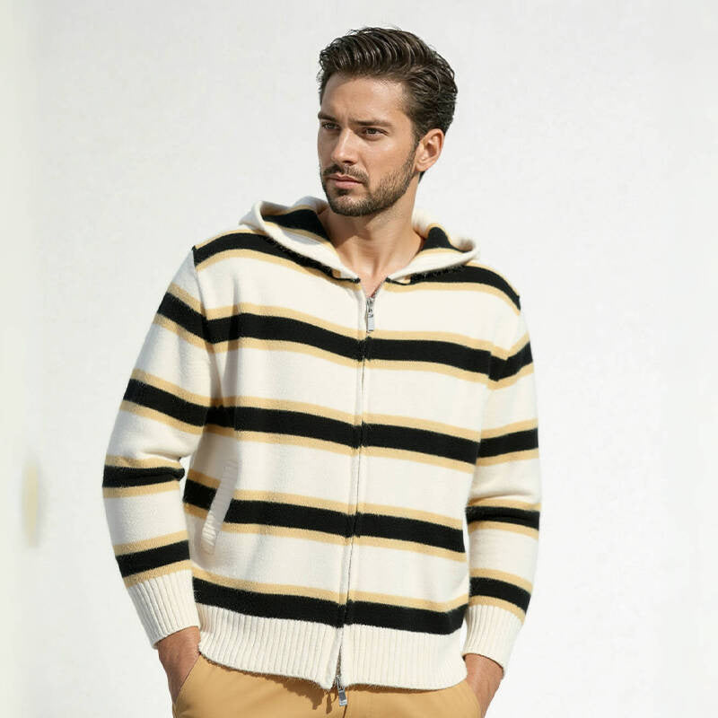 Men's Striped Knit Hoodie with Full Zipper and Ribbed Cuffs Mune Fashion