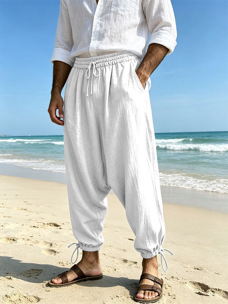 Men's Loose Linen Harem Pants with Elastic Waistband and Adjustable Ankle Cuffs Mune Fashion