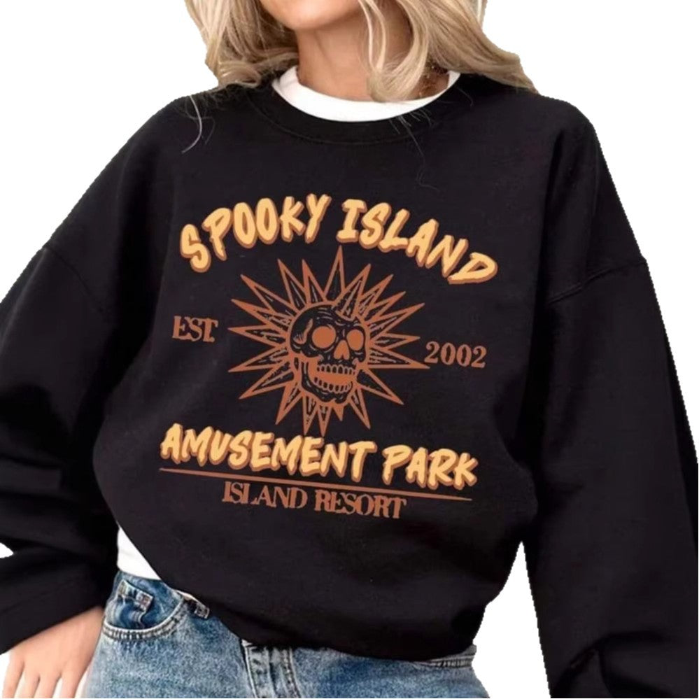 Women's Casual Oversized Sweatshirt with Vintage Skull Print and Ribbed Hem Mune Fashion