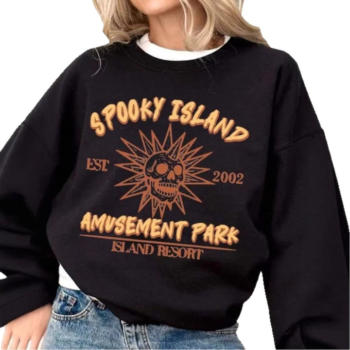 Women's Casual Oversized Sweatshirt with Vintage Skull Print and Ribbed Hem Mune Fashion