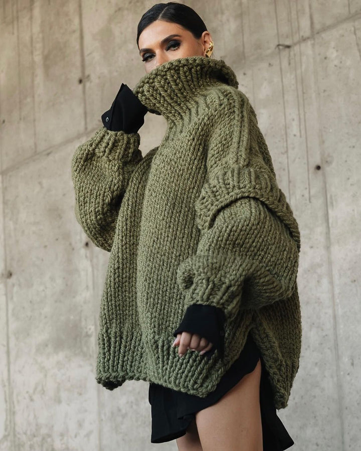 Women Oversize Chunky Knit Sweater with High Turtleneck Mune Fashion