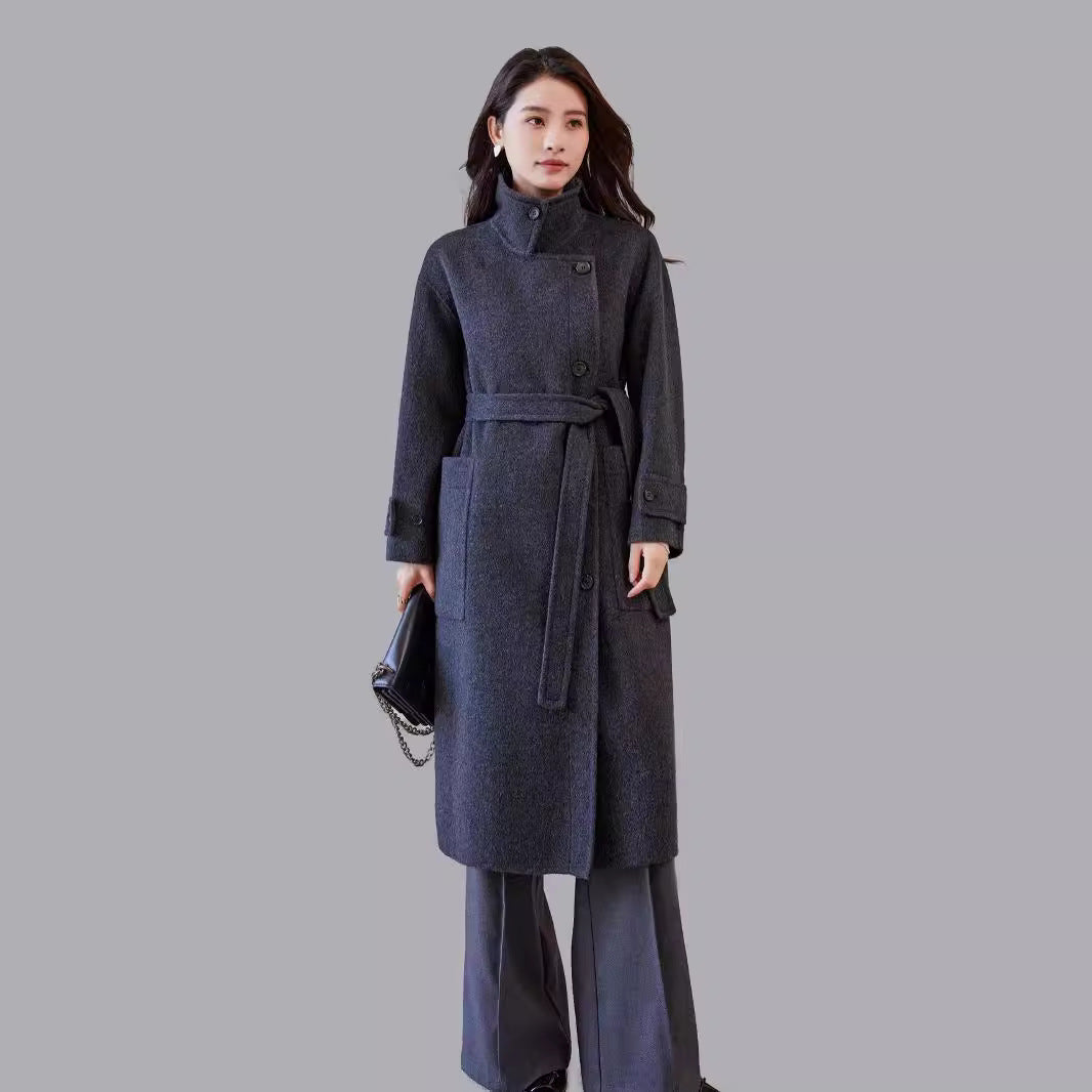 Women's Oversized Wool Coat with Belt and Wide Lapels Mune Fashion