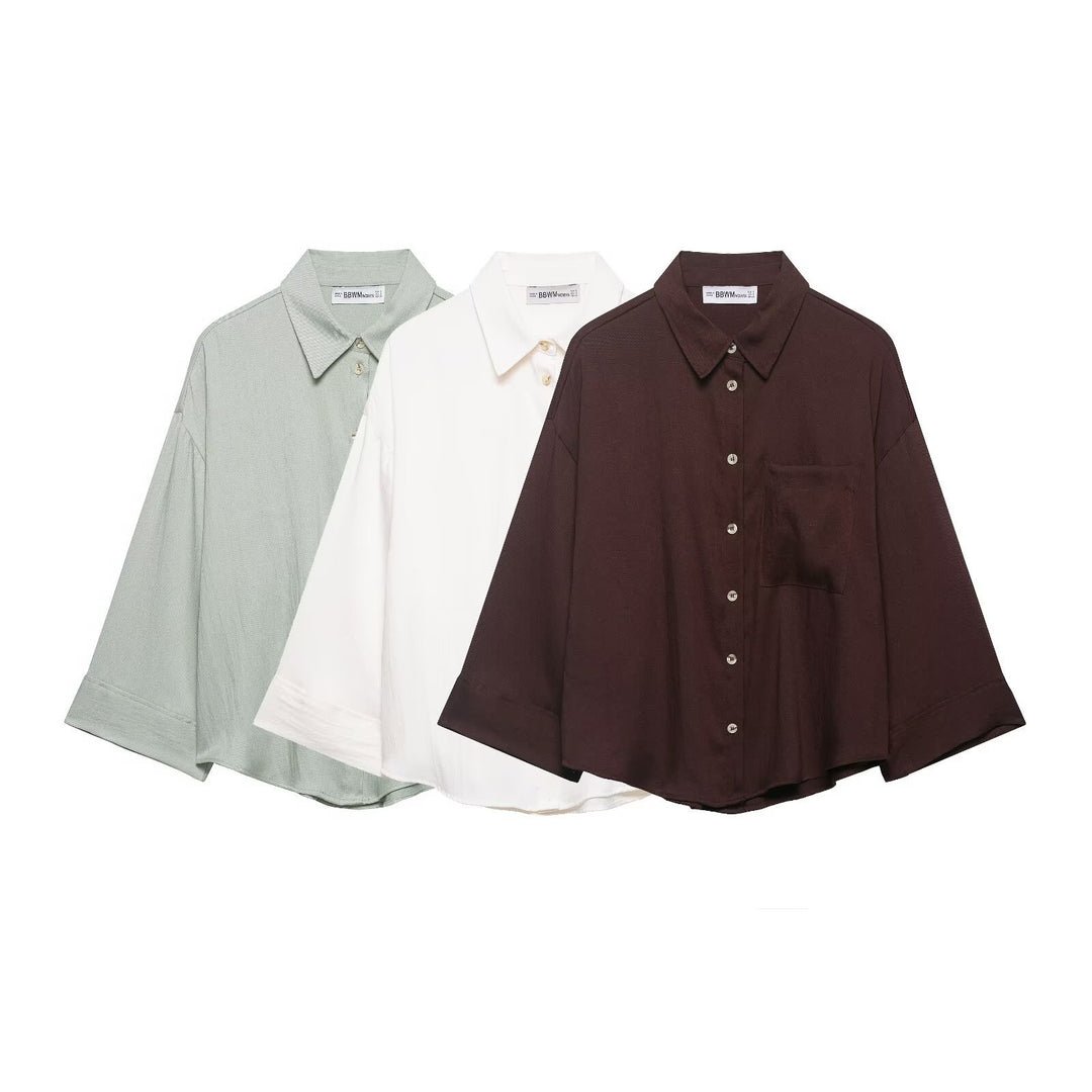 Women Oversized Shirt Blouse with Dropped Shoulders, Three-Quarter Sleeves and Chest Pocket Mune Fashion
