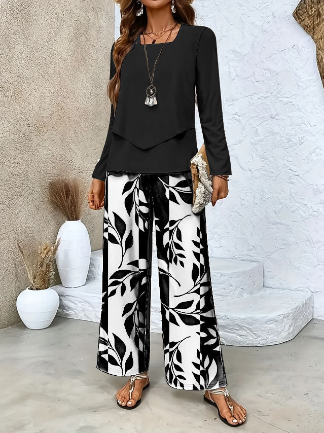 Ladies Two-Piece Lounge Set with Overlapping Long Sleeve and Wide Palazzo Pants Mune Fashion