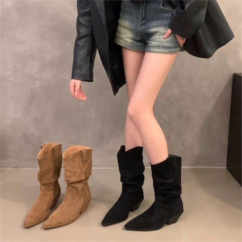 Ladies Slouchy Western Ankle Boots with pointed toe shape and sculpted block heel Mune Fashion