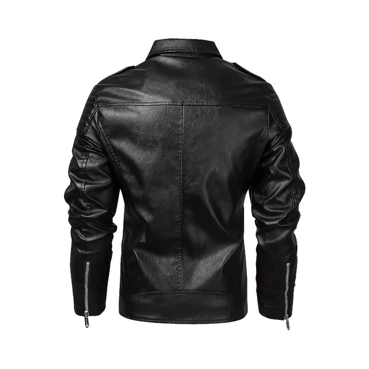 Men's biker jacket made of faux leather with asymmetrical zipper and padded shoulder inserts Mune Fashion