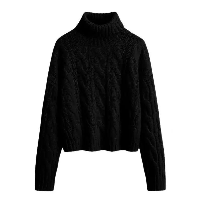 Women's Short Cropped Cable Knit Turtleneck Sweater with Boxy Silhouette Mune Fashion