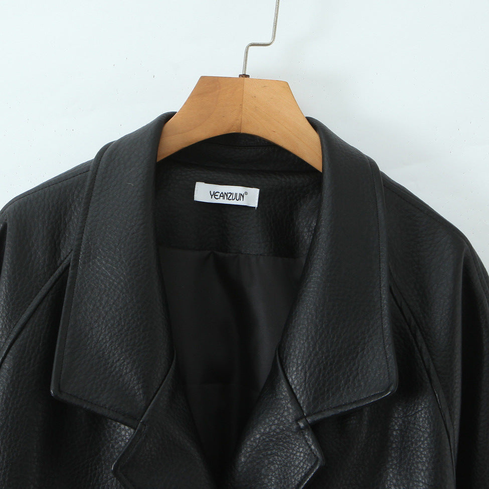 Women's Oversized Leather Look Coat with Textured Surface and Wide Lapels Mune Fashion