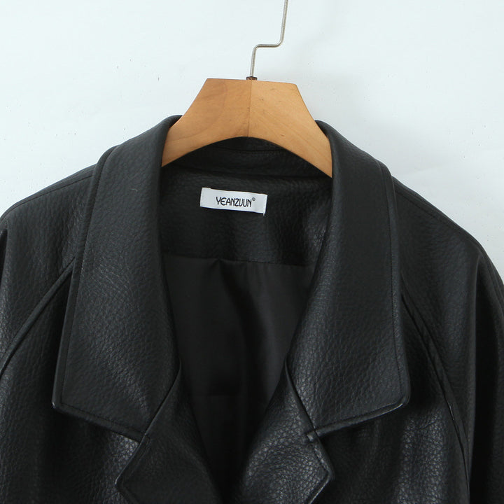 Women's Oversized Leather Look Coat with Textured Surface and Wide Lapels Mune Fashion