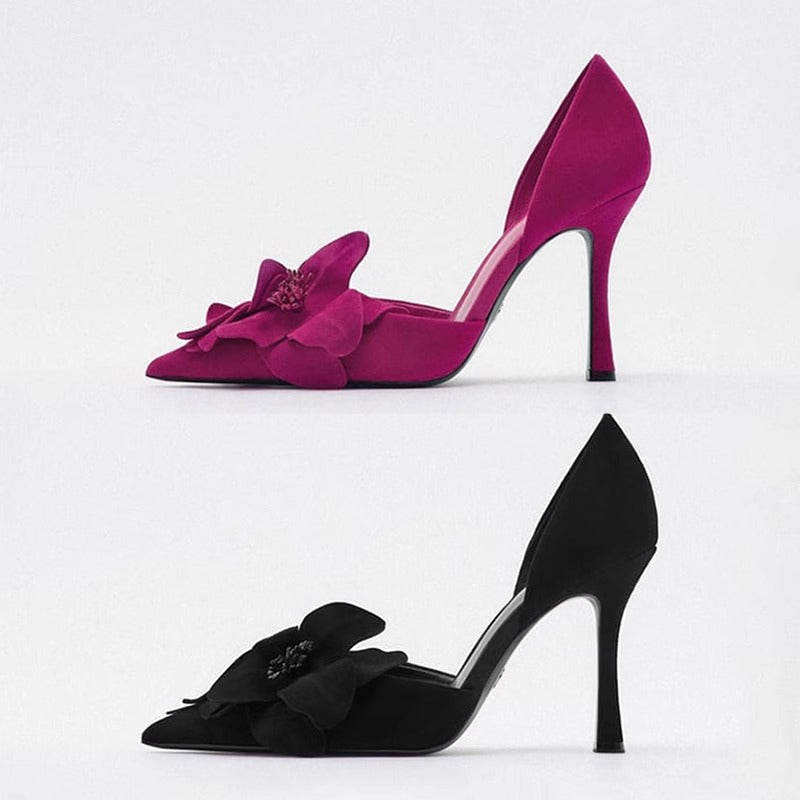 Women's pointed toe evening D'Orsay pumps with handcrafted 3D flower appliqué and sculpted stiletto Mune Fashion