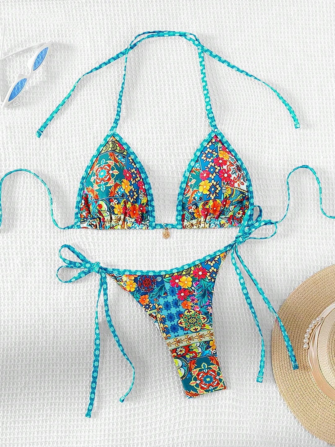Women's triangle bikini with colorful floral pattern mix and adjustable straps Mune Fashion