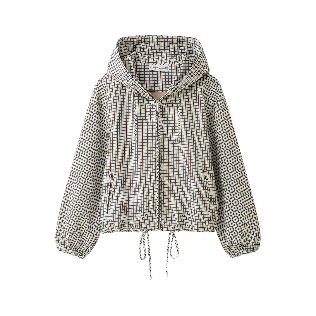 Women Checked Cropped Hoodie with Drawstring and Zipper Mune Fashion