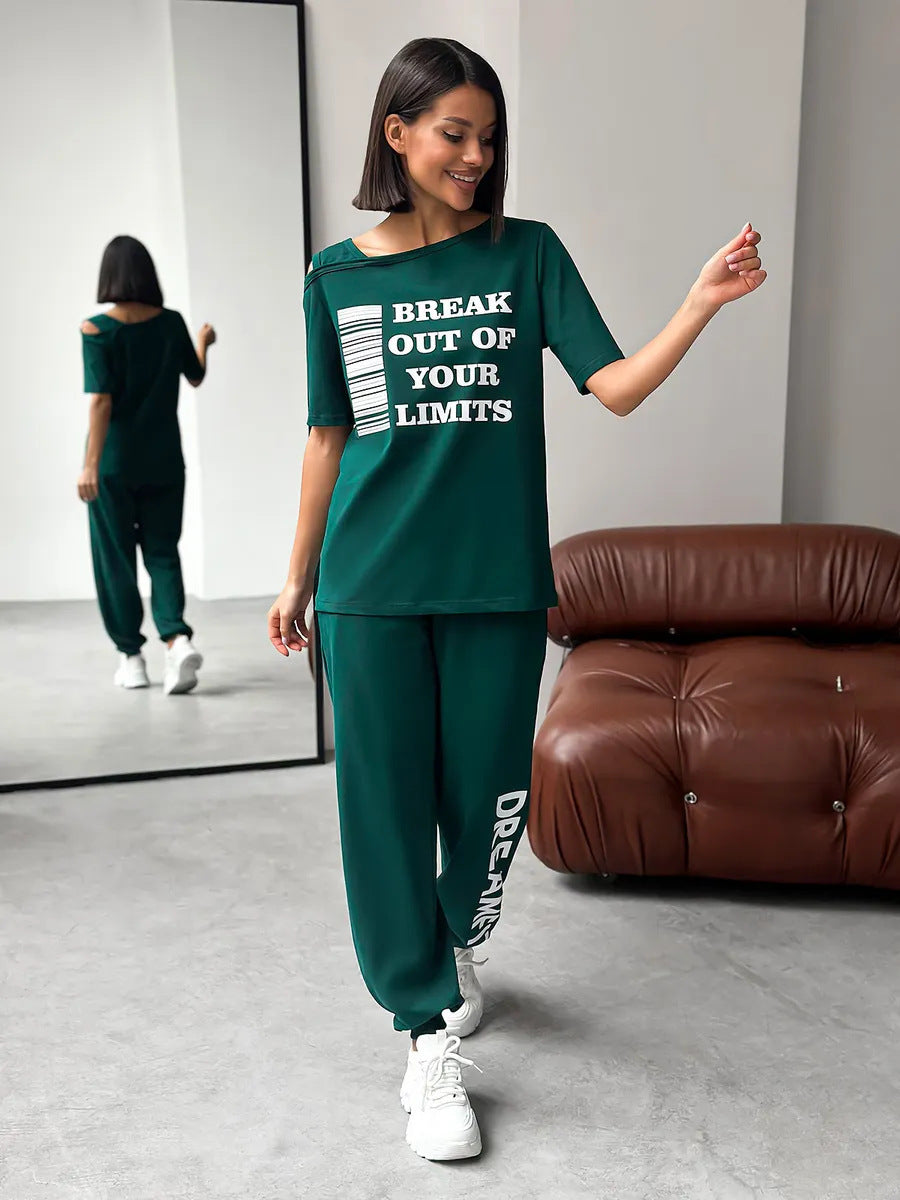 Women's casual lounge set with cut-out shoulder and statement print