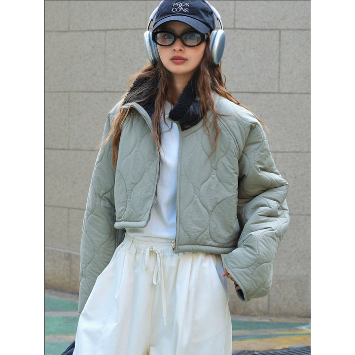 Women's Short Cut Quilted Bomber Jacket with Teddy Lining Mune Fashion