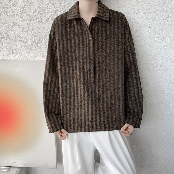 Men's Oversize Long Sleeve Shirt with Polo Collar, Striped Texture & Half Button Placket Mune Fashion