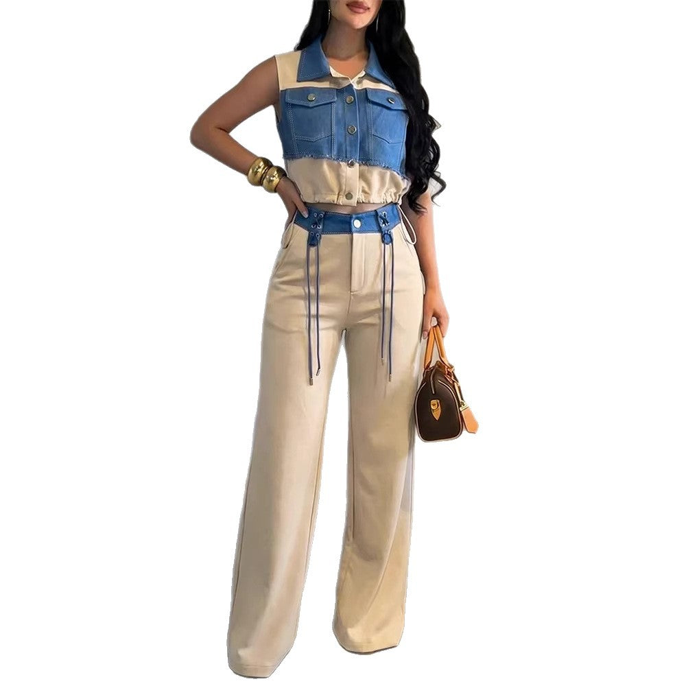 Women Two-Piece Set with Sleeveless Denim Crop Top and High-Waisted Wide-Leg Pants Drune