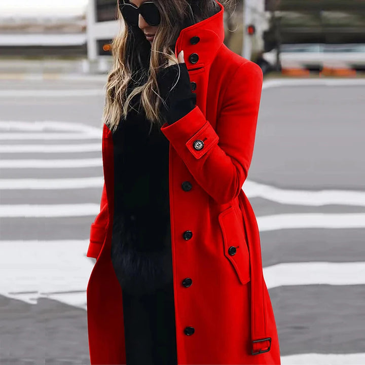 Women's tailored long coat with stand-up collar, concealed button placket and shaping seams Mune Fashion