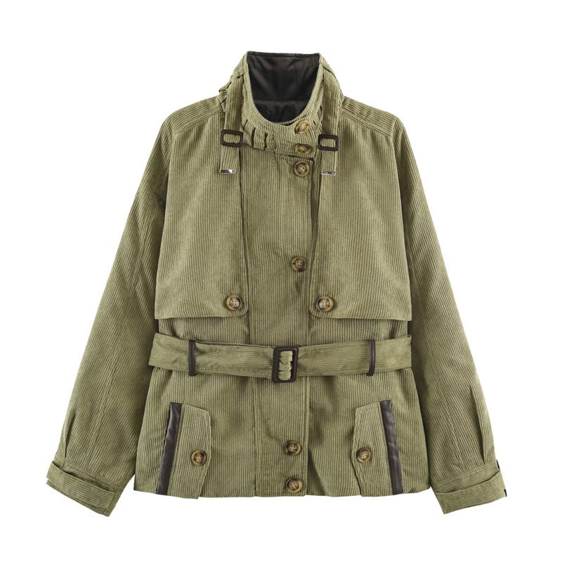 Women Short Cord Trench Coat with Waist Belt, Cape Detail and Stand Collar Mune Fashion