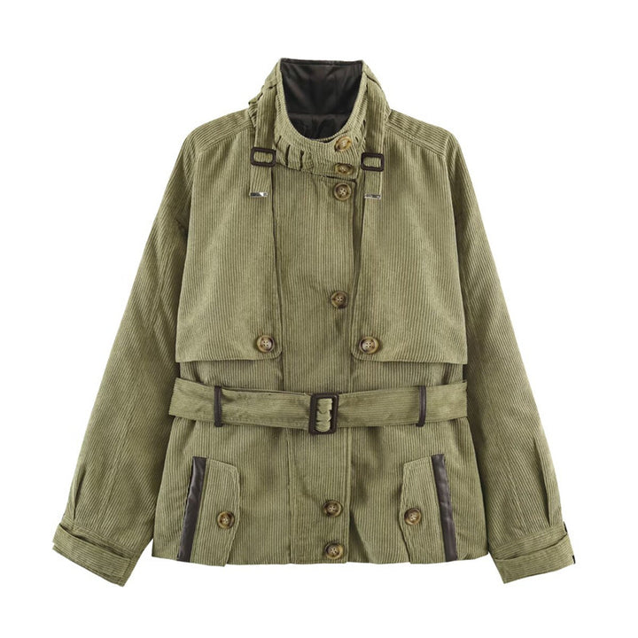 Women Short Cord Trench Coat with Waist Belt, Cape Detail and Stand Collar Mune Fashion