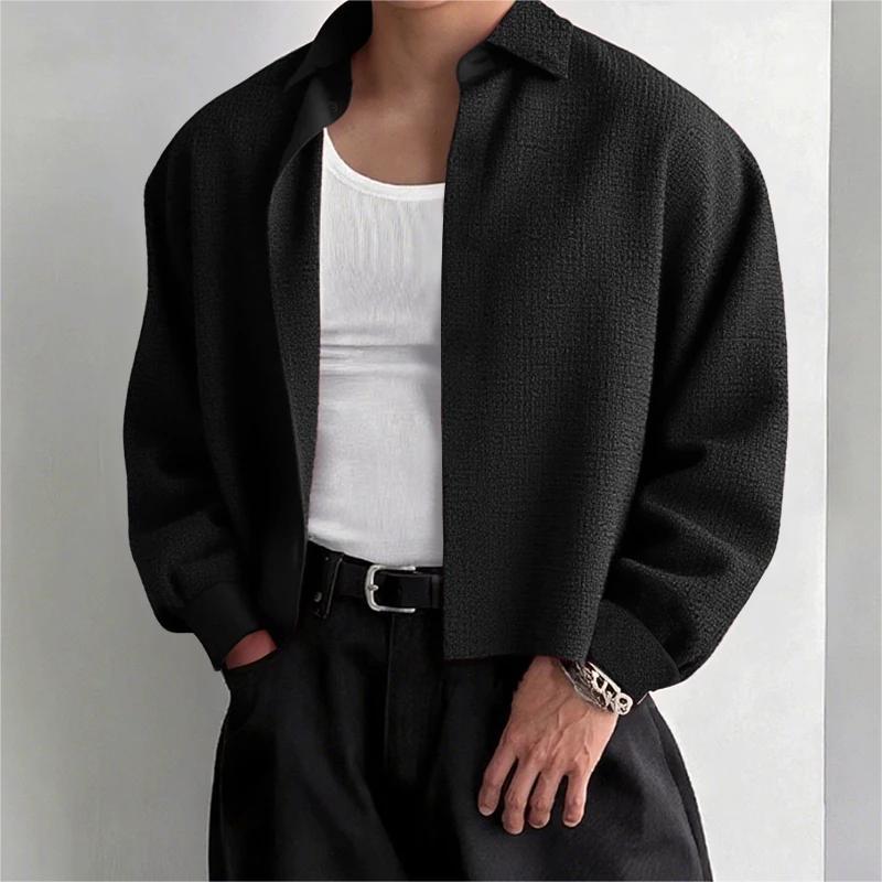 Men's Long Sleeve Textured Linen-Cotton Shirt with Classic Kent Collar Mune Fashion