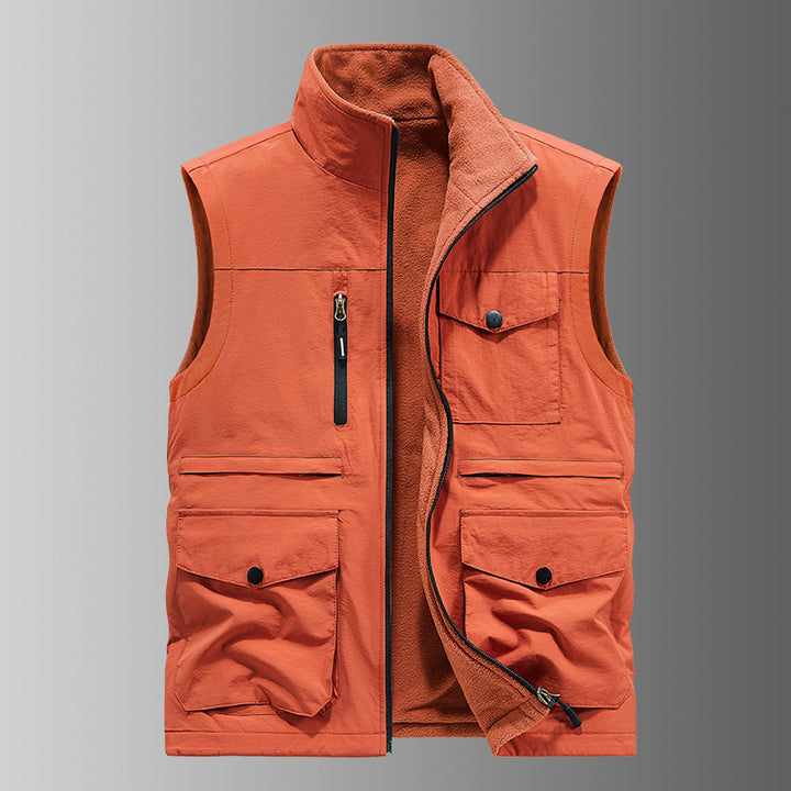 Men's padded utility vest with fleece lining, multi pockets and front zipper