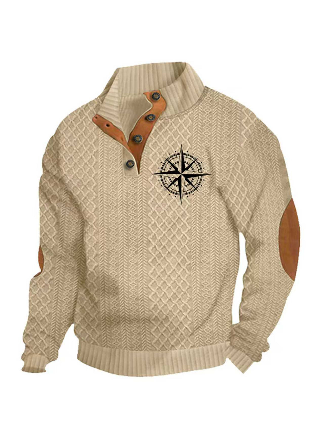 Men's nan Heritage textured pullover with stand-up collar faux leather trim elbow patches and half-button placket Mune Fashion