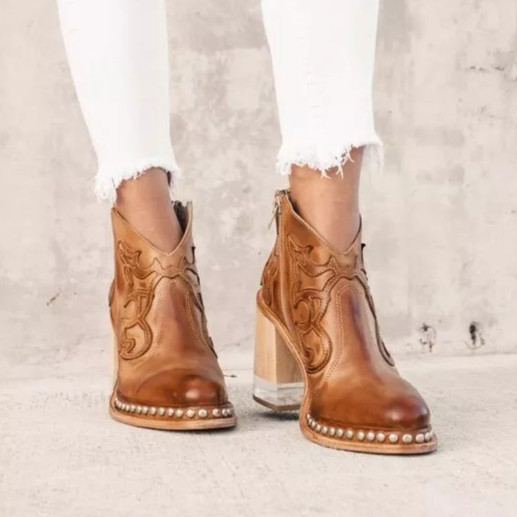 Women's nan western ankle boot with elaborate embroidery, studded edge, and transparent block heel Mune Fashion