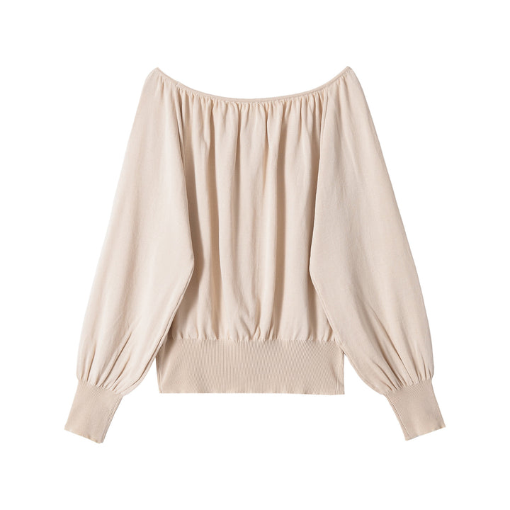 Women Off-Shoulder Knit Sweater with Balloon Sleeves and Wide Ribbed Hem Mune Fashion