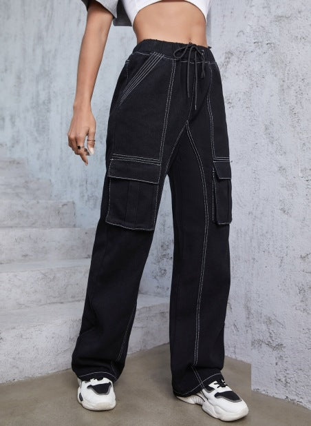 Women’s utilitarian denim cargo pants with contrast stitching and drawstring Mune Fashion