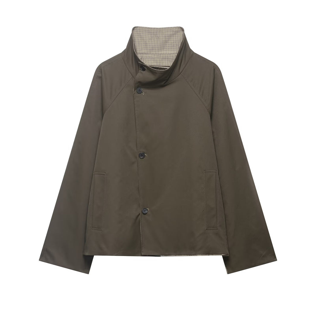 Men's short water-repellent transitional jacket with high stand-up collar, asymmetrical button placket, and raglan sleeves Mune Fashion