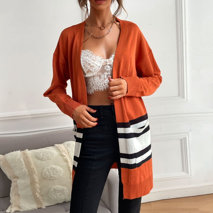 Women's mid-length open fine-knit cardigan with color block stripes and patch pockets Mune Fashion