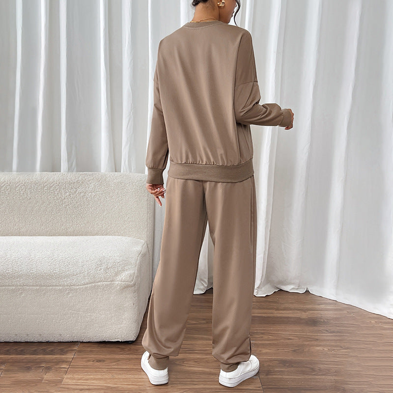 Women Casual Sweat Set with Oversized Crew Neck and High Waist Pants with Button Cuff Mune Fashion