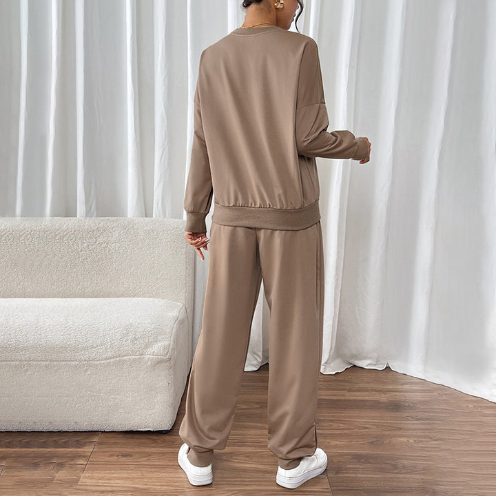 Women Casual Sweat Set with Oversized Crew Neck and High Waist Pants with Button Cuff Mune Fashion