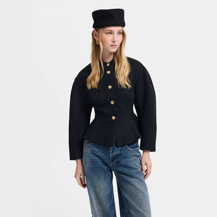 Women's tailored jacket with peplum hem, structured woven quality and decorative buttons Mune Fashion