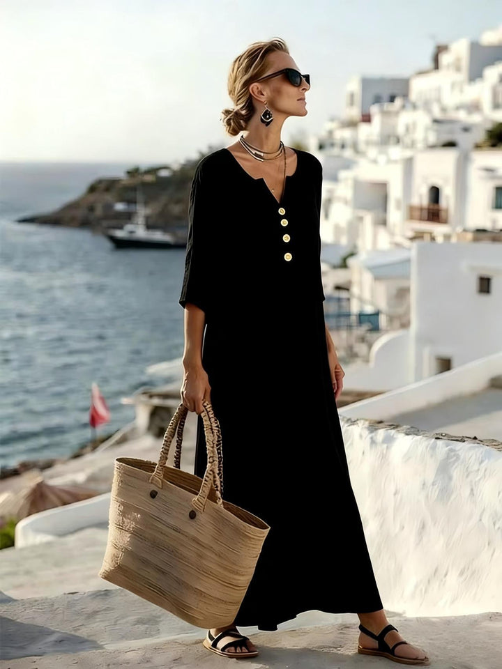 Women's Relaxed V-Neck Button-Front Maxi Caftan Dress Mune Fashion