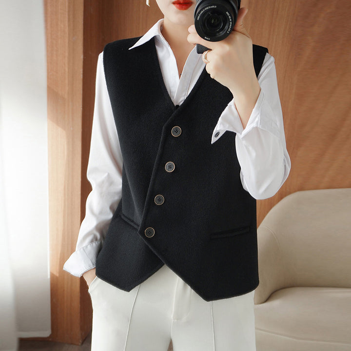 Ladies Tailored Wool Blend Vest with Asymmetrical Button Placket Mune Fashion