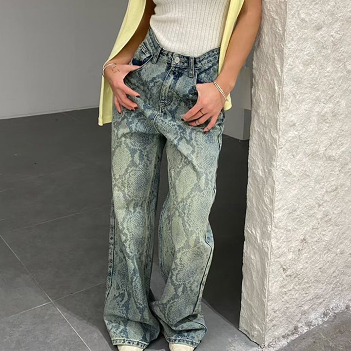 Women's high-waisted jeans with snake print, wide leg and straight cut Mune Fashion