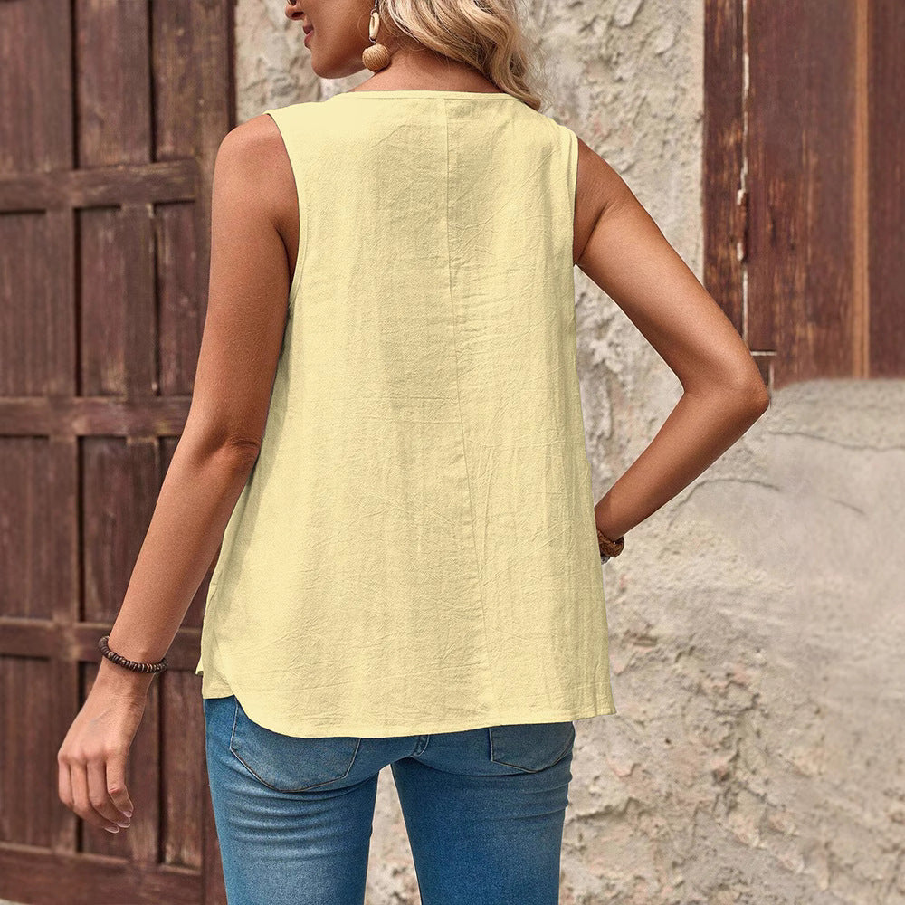 Women's sleeveless summer top with palm motif, decorative button placket and loose fit Mune Fashion