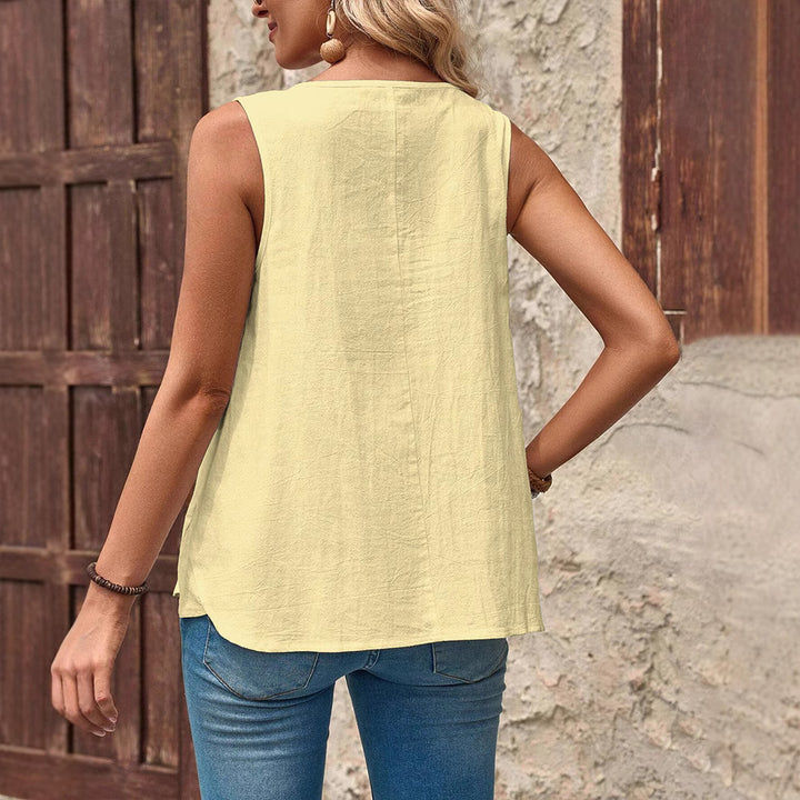 Women's sleeveless summer top with palm motif, decorative button placket and loose fit Mune Fashion