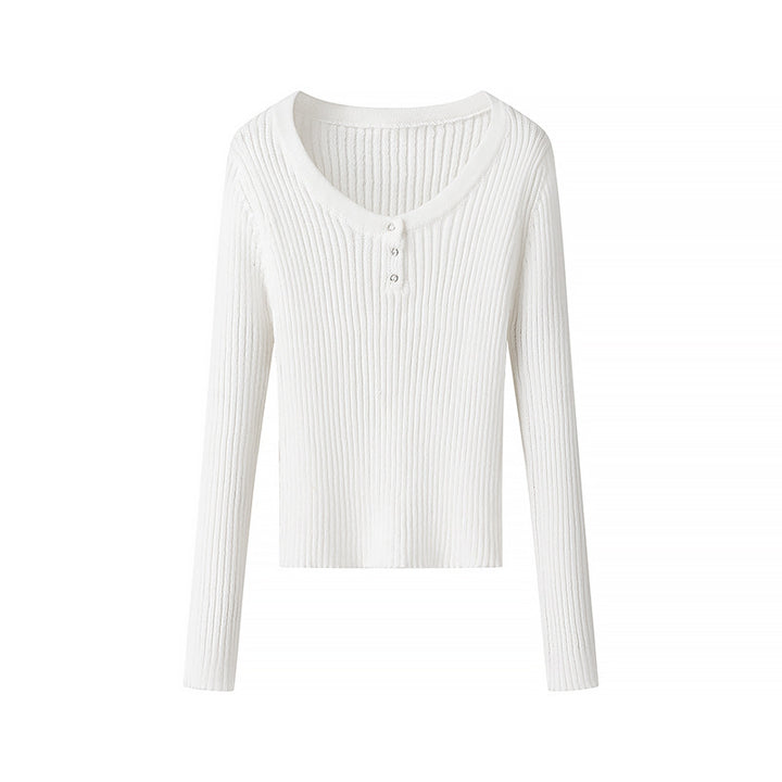 Women's Ribbed Long Sleeve Top with Deep V-Neck and Eyelet Trim Mune Fashion