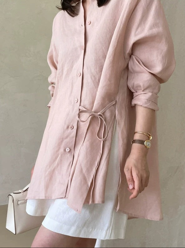 Women loose-fitting linen shirt blouse with stand-up collar, drawstring waist and full button placket Mune Fashion