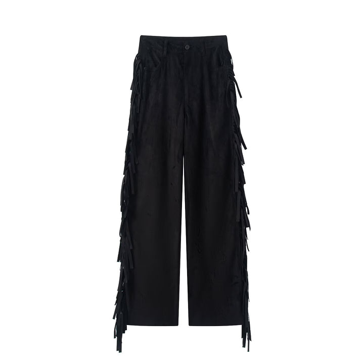 Women Wide High-Waist Flared Trousers with Side Fringes and Suede Look Mune Fashion