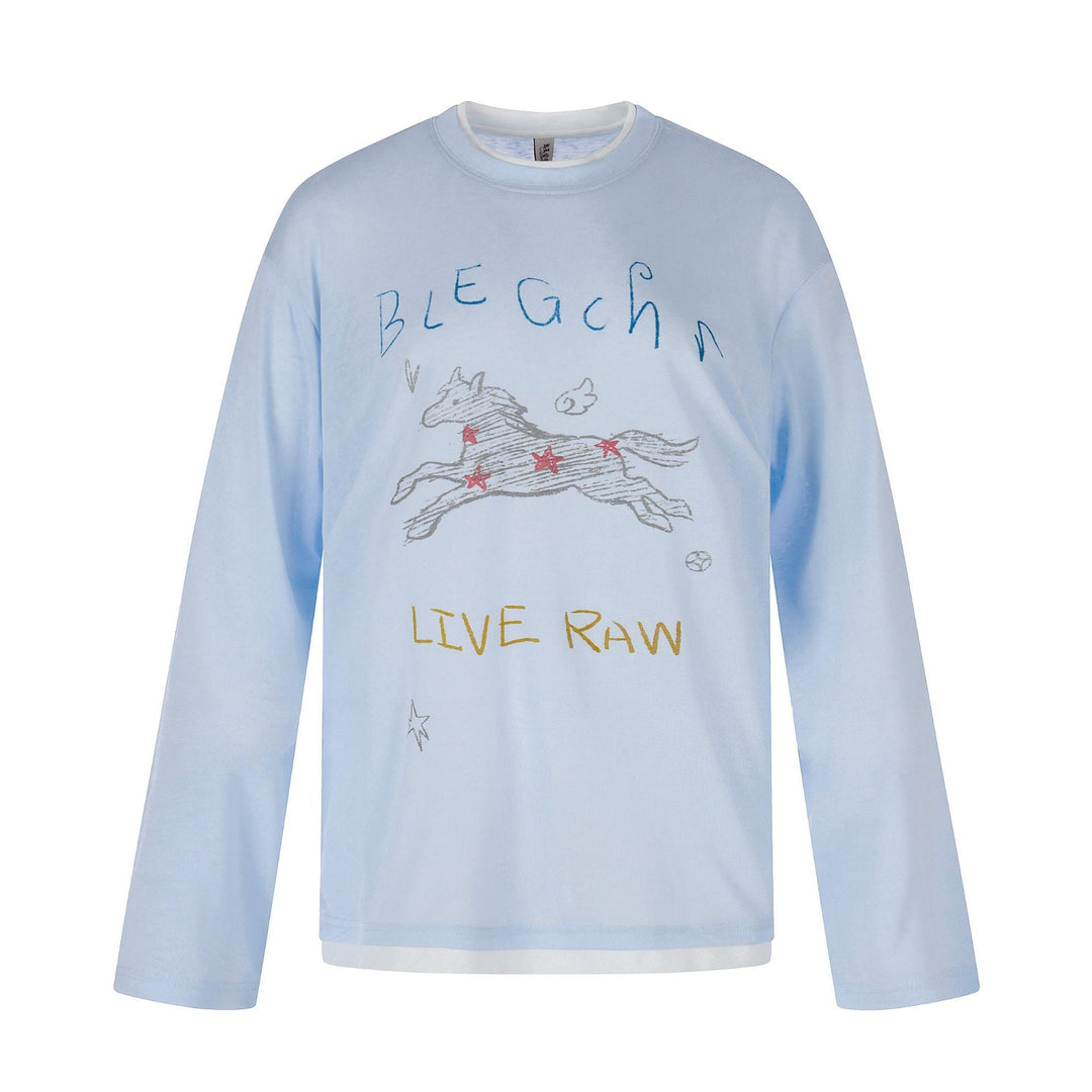 Ladies long-sleeve shirt with illustrative horse print and layer look Mune Fashion