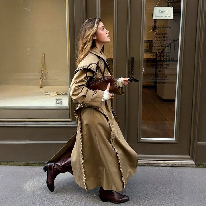Women's maxi long trench coat with flounce shoulder cape and adjustable cuffs Mune Fashion