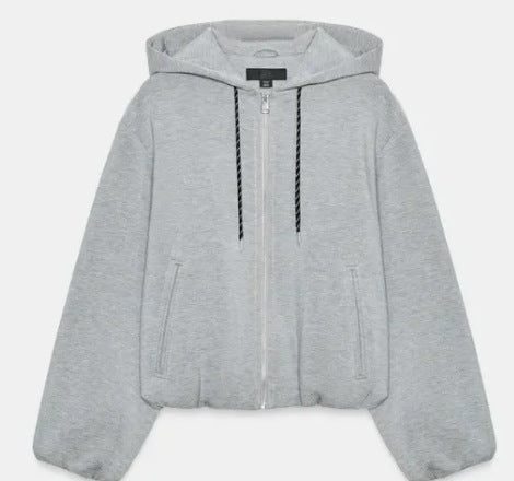 Women's Cropped Hooded Sweat Jacket in Bomber Style with Balloon Sleeves Mune Fashion