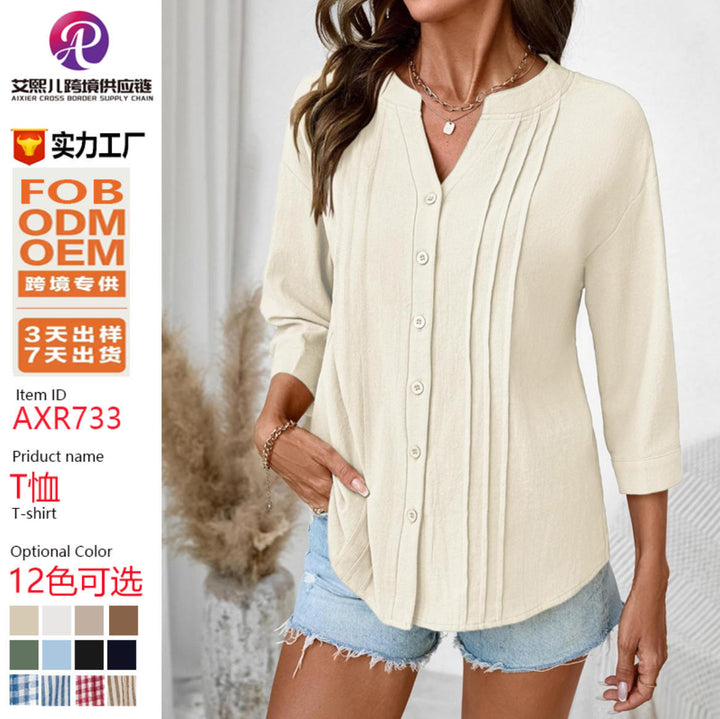 Women Loose Tunic Shirt with Pleats and Three-Quarter Sleeves Mune Fashion