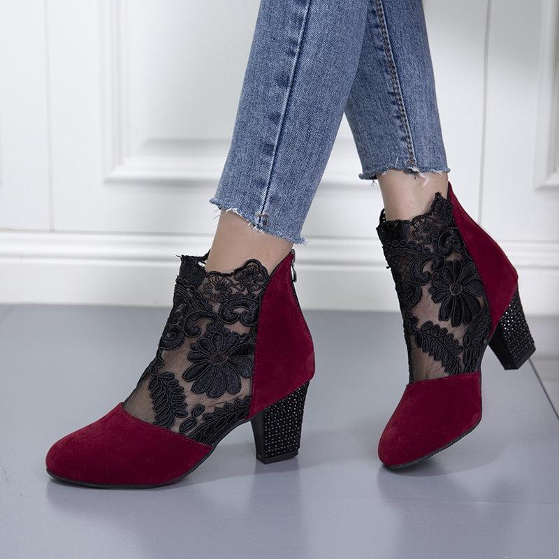 Ladies' elegant lace ankle boots with suede look insert and embellished block heel Mune Fashion