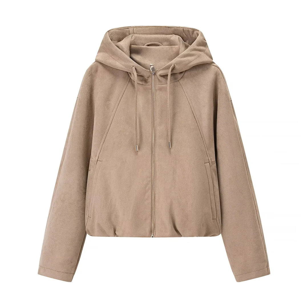 Women's casual velor imitation hoodie jacket with concealed zipper and elastic hem Mune Fashion