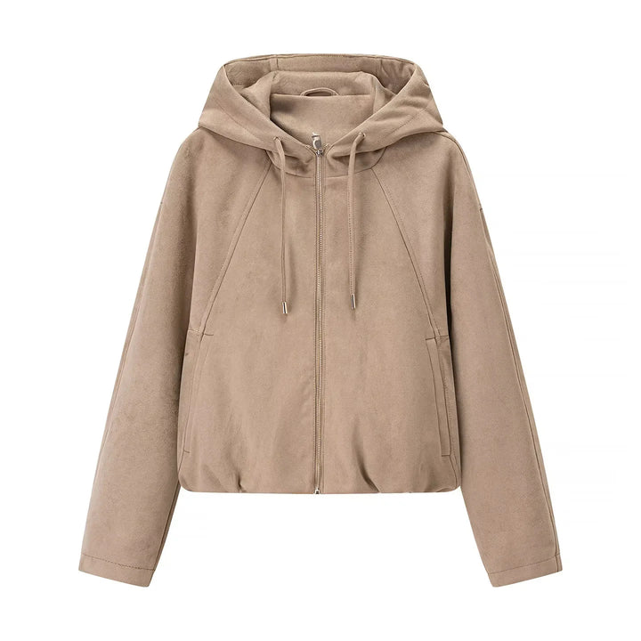 Women's casual velor imitation hoodie jacket with concealed zipper and elastic hem Mune Fashion