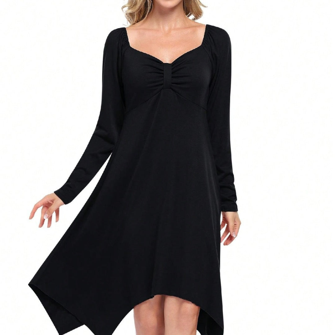 Women’s asymmetrical long sleeve dress with gathered bustier, empire seam, and pointed hem Mune Fashion
